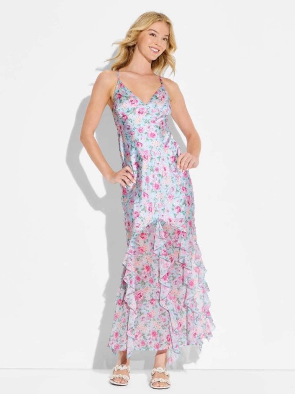 Floral Ruffle Slip Dress in Pastel Blue and Pink- Wild Fable XXS